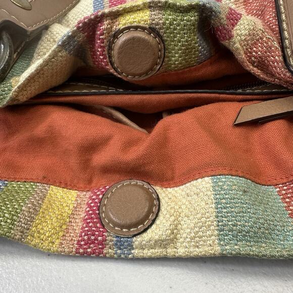 Fossil Beachy Striped Faux Leather Canvas Bag Zipper Dual Handle Pockets Boho - Picture 6 of 16